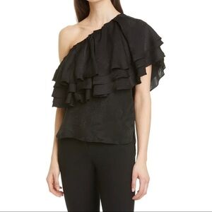 Birgitte Herskind Amelia Ruffle One-shoulder Snake Jacquard Blouse In Black
